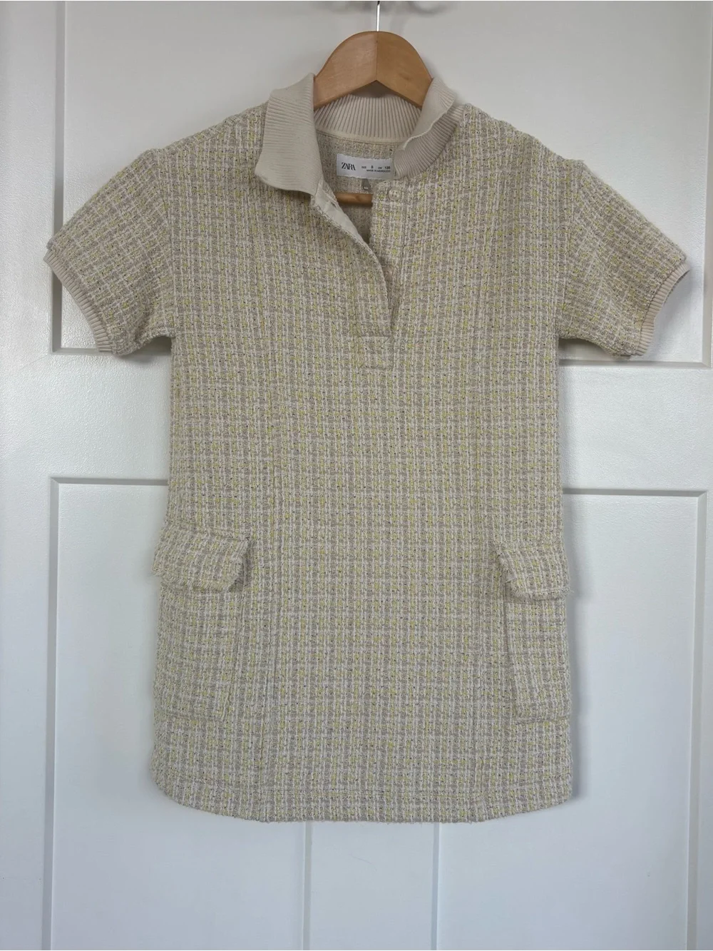 Zara Girls Yellow/Beige/Pink Tweed Collared Dress with Pockets Size 8